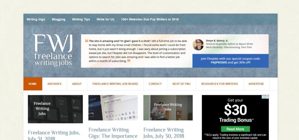 Freelance writing gigs for beginning writers on FWJ