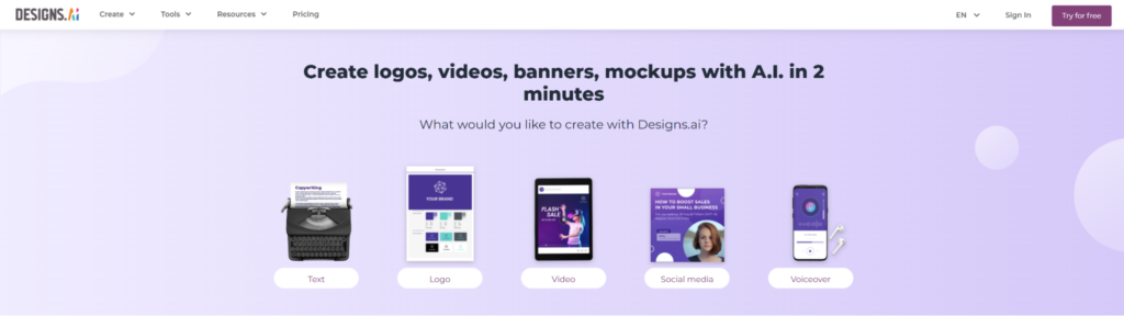 The designs.ai landing page