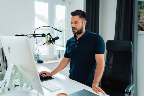 man hosting virtual event