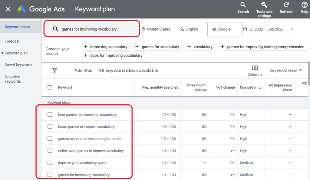 google keyword planner interface