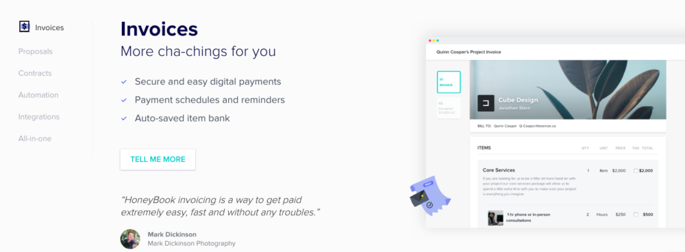 honeybook invoice software