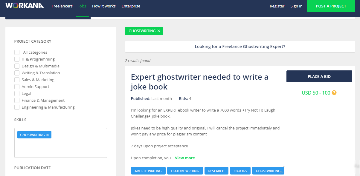 ghostwriting jobs sites - workana